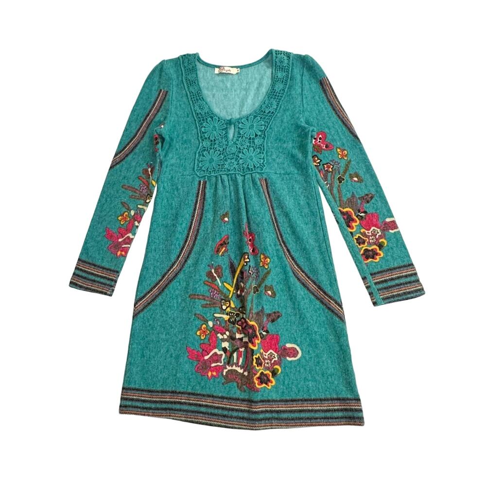 Aryeh Womens Sweater Dress Medium (XS) Teal Green Floral Butterflies‎ Boho Lace